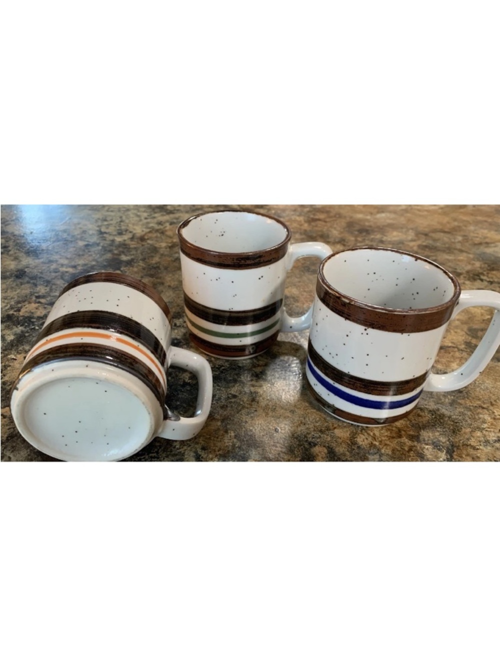 Vtg 70s Speckled Stoneware Coffee Mugs Set of 3 Earth Tone Stripes Rustic MCM